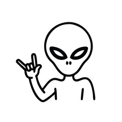 Stylized Cartoon Alien Doing Rock and Roll Hand Sign: Simple Line Art Extraterrestrial Icon on White Background
