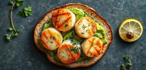 Overhead shot of seared scallops, avocado, toast, herbs, citrus,  scallops,  still life