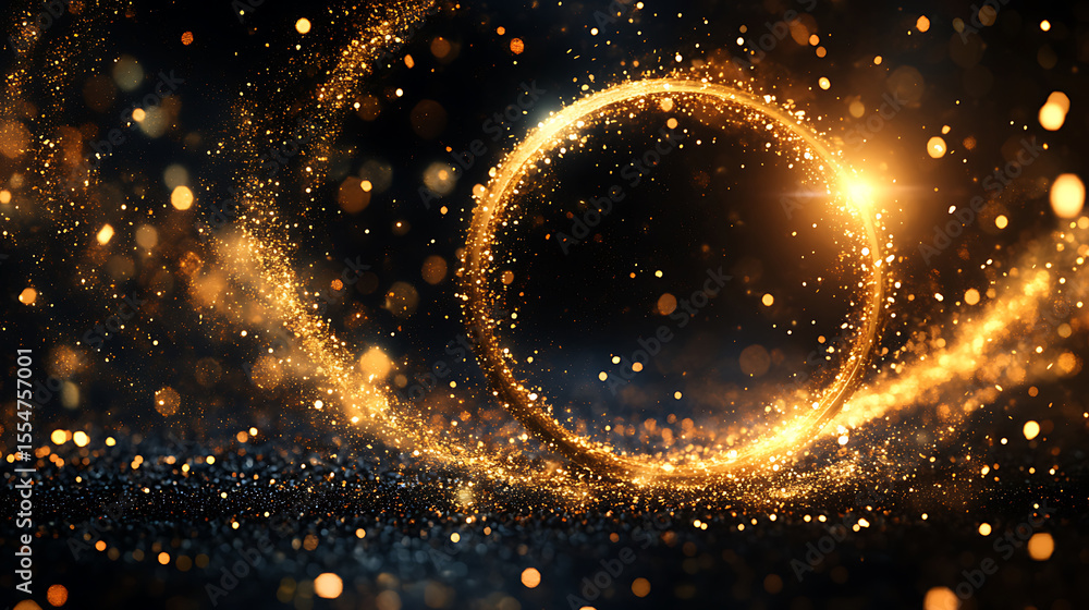 Poster golden glitter particles forming a circle with bokeh lights on a dark background elegant festive dec