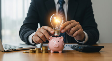 businessman saving money in a piggybank