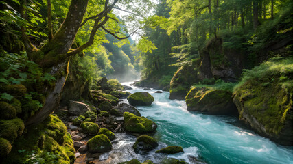 Obraz premium A serene river flows through a vibrant green forest, surrounded by lush trees and foliage