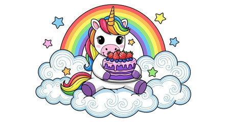 Cartoon Unicorn with Rainbow Hair Holding Cake on Cloud, Vector Illustration