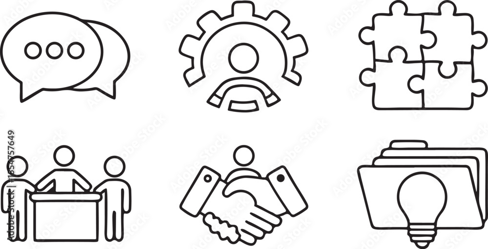 Poster teamwork and collaboration editable vector icons with group chat puzzle handshake project management