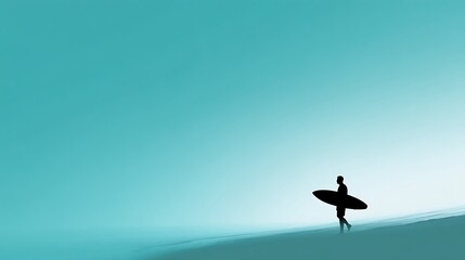 Solitary Surfer Silhouetted Against a Serene Teal Sky