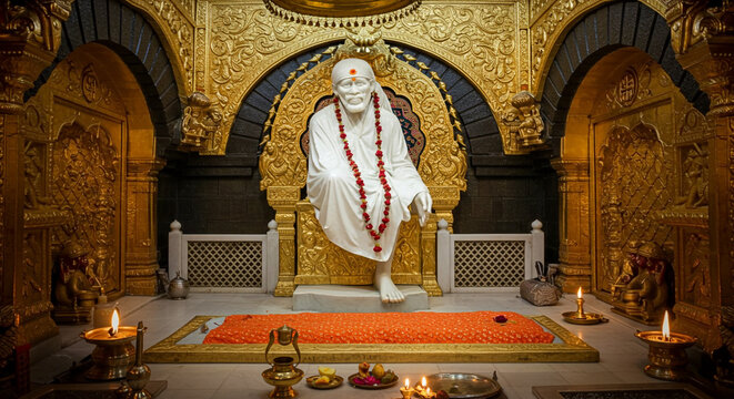 Ornate Sai Baba Temple Interior with Gilded Statue and Devotional Offerings