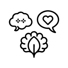 Three simple line art icons representing communication love and nature or growth