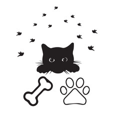 Peeking Paws: Minimalist Black Cat & Paw Print Illustration