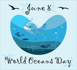 Vector illustration dedicated to World Oceans Day, June 8, depicted with a heart-shaped sea, with a beautiful whale, numerous fish, and a diver, for banners