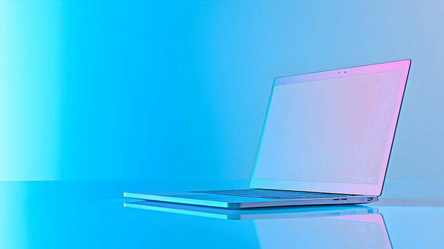 Modern laptop computer displayed on a reflective surface showcasing a vibrant gradient of blue and purple hues with ample copy space.