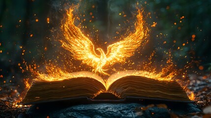 A weathered, open book with glowing pages and a golden phoenix symbol rising from it, resting on a stone in a mystical forest