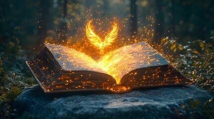 A weathered, open book with glowing pages and a golden phoenix symbol rising from it, resting on a stone in a mystical forest