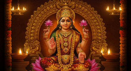 Divine Lakshmi Seated on Lotus with Gold Coins and Sacred Glow