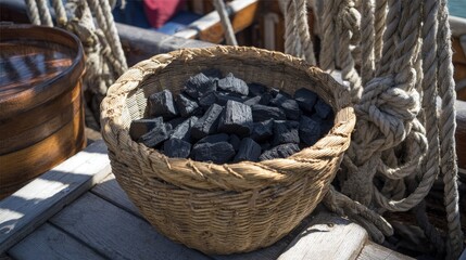Obraz premium Close-up of black barbecue coal in foreground and blurred nautical vessel in background, concept of outdoor grilling, marine lifestyle, summer barbecue, camping, and cooking by the sea