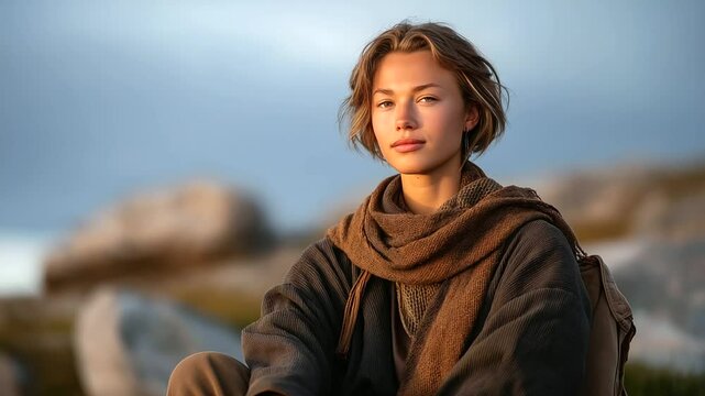 An outcast woman watching a sunset on a rocky hill