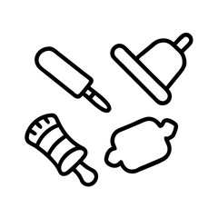 Collection of simple line art icons representing baking tools and a bell