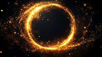 Golden glittering particle ring on black background sparkling dust trails festive luxury abstract concept