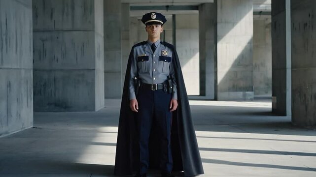 Police officer with superhero cape.