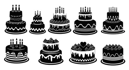 Collection of Eight Black and White Birthday Cakes with Candles