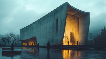 A wide-angle shot of a brutalist concrete museum at dusk, featuring warm glowing interiors and abstract reflections on the wet pavement
