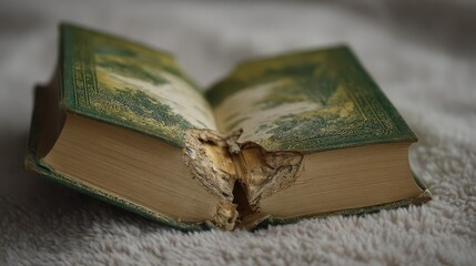 Aged book with a torn spine, resting gently.