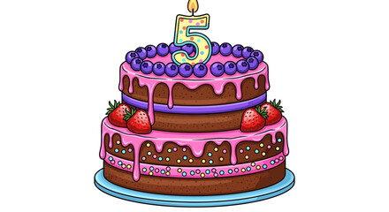 Colorful Two-Tiered Birthday Cake with Number 5 Candle, Strawberries, and Blueberries