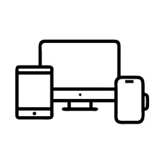 Modern digital devices including a computer monitor and two smartphones shown as a line art icon