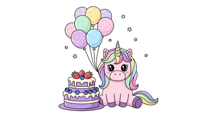 Cute Unicorn with Birthday Cake and Balloons, Pastel Colors