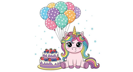Cute Cartoon Unicorn with Birthday Cake and Balloons, Sitting Pose, Colorful Design
