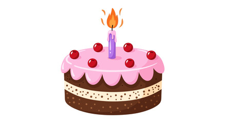 Delicious Chocolate Cake with Pink Frosting, Cherries, and a Lit Purple Candle