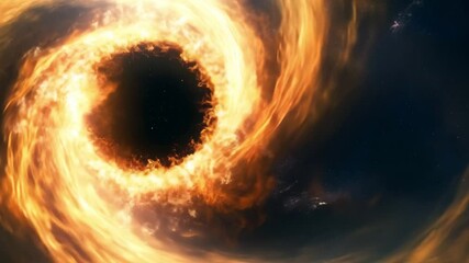 This visual journey depicts the dynamic formation of a black hole and the surrounding swirling matter in space