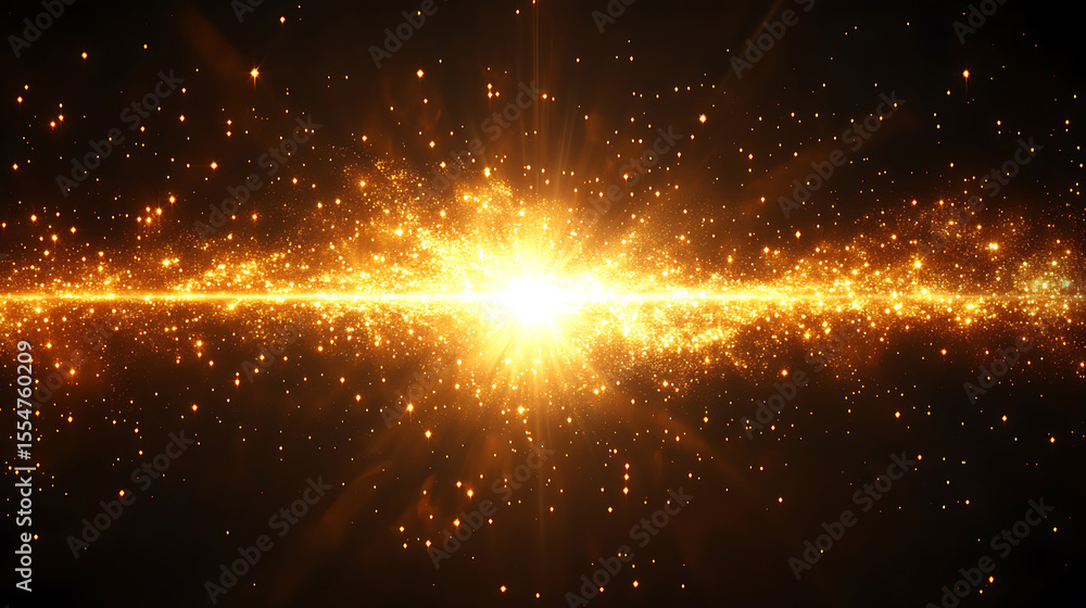 Poster golden glittering particle stream with a brilliant central burst shimmering light effect dynamic swi