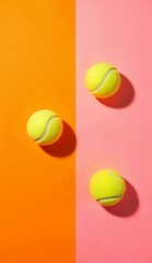 Three tennis balls arranged vertically on a split orange and pink background