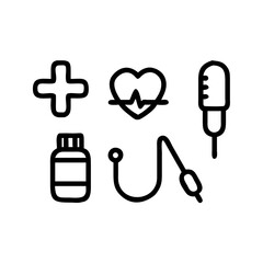 Collection of medical icons including a cross heart stethoscope syringe and pills