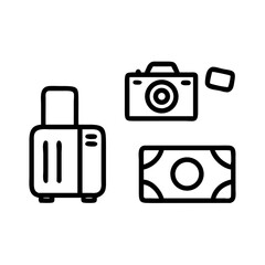 Travel essentials icon set including suitcase camera and money for vacation planning