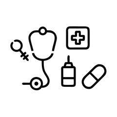 Collection of medical icons including a stethoscope female symbol pill and medical cross