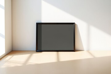Fototapeta premium Empty Black Picture Frame on Wall Shelf Minimalist Home Decor Mockup