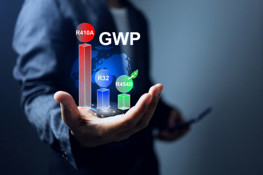 Refrigerant global warming potential GWP concept with hand holding graph to compare value each refrigerant are R410A, R32 and R454B is most environment friendly with less GWP index and trend