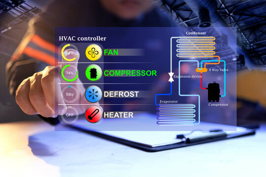 air condition in the building HVAC in virtual dashboard system turning on the compressor and ventilation fan for the operation of evaporator and condenser of refrigeration system