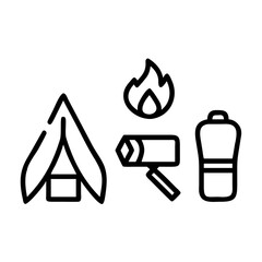 Camping icons set representing tent campfire axe and water bottle