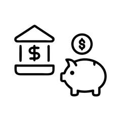 Simple line art icon representing a bank building and a piggy bank with a coin