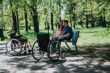 A couple shares a heartfelt connection on a park bench under lush green trees, with wheelchairs in the foreground, showcasing love, accessibility, and togetherness.