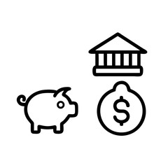 Financial icons including a piggy bank bank building and dollar coin