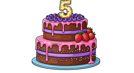 Two-Tiered Birthday Cake with Number Five Candle, Berries and Strawberries