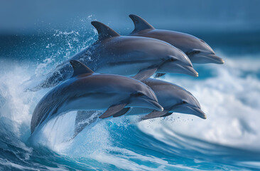 Three dolphins jumping out of the water in front of blue ocean waves
