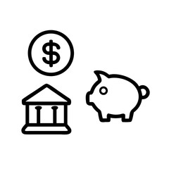Financial icons depicting a dollar coin bank building and piggy bank
