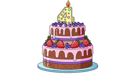 Two-Tiered Birthday Cake with Number Four Candle and Berries