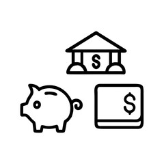 Financial icons including a piggy bank bank building and dollar bill