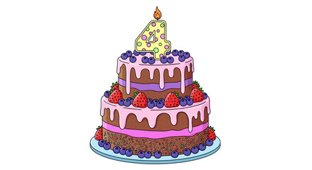 Two-Tiered Birthday Cake with Number Four Candle and Berries