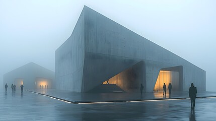 A wide-angle shot of a brutalist concrete museum at dusk, featuring warm glowing interiors and abstract reflections on the wet pavement