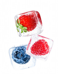 Image of Refreshing three ice cubes holding strawberries and blueberries creating a cool beverage with a burst of flavor and colorful presentation isolate on transparent background PNG printed on Printed Glass Basin Splashbacks